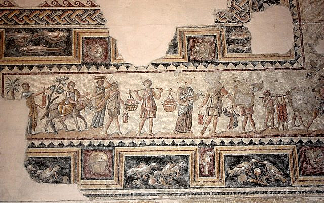ancient mosaic depicting Jewish land-based agricultural practices native to the land of Israel